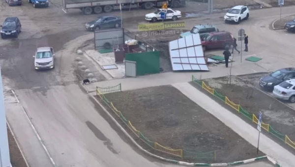В Барнауле сорванный ветром лист профнастила повредил припаркованные автомобили